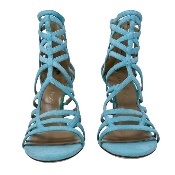 Tamara Mellon aqua/turquoise suede cage strap stiletto sandals size 37.5 US7-7.5 - Picture 3 of 14